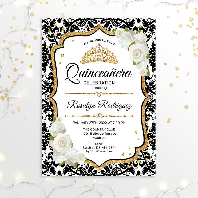Quinceanera - White Black Damask Guld Inbjudningar (Skapare uppladdad)