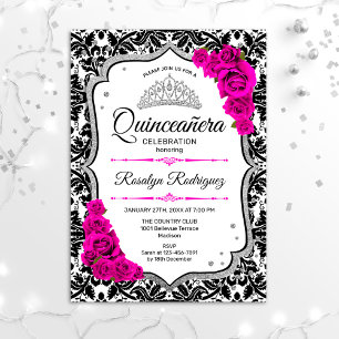 Quinceanera - White Black Damask Rosa Silver Inbjudningar