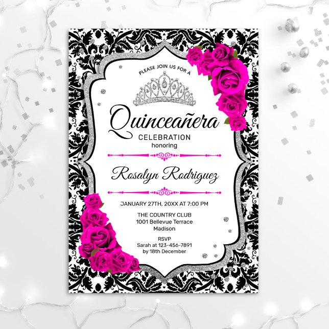Quinceanera - White Black Damask Rosa Silver Inbjudningar (Skapare uppladdad)