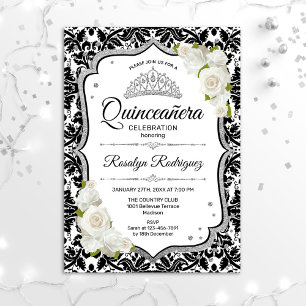 Quinceanera - White Black Damask Silver Inbjudningar
