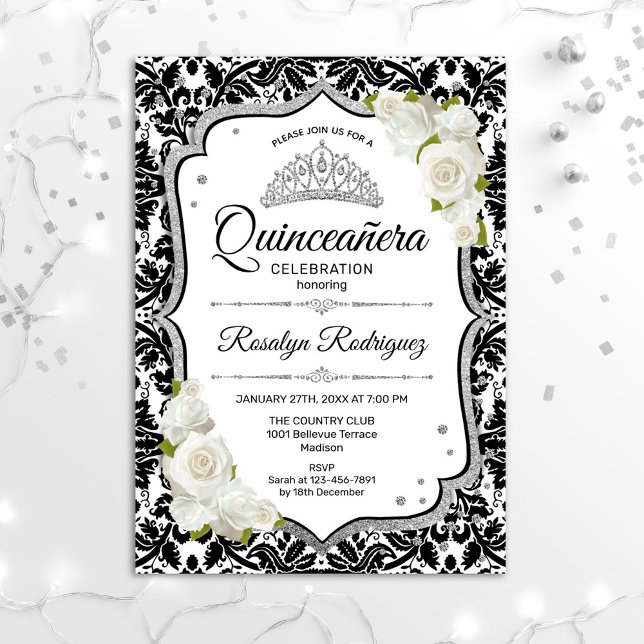 Quinceanera - White Black Damask Silver Inbjudningar (Skapare uppladdad)