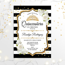 Quinceanera - White Black Guld Inbjudningar