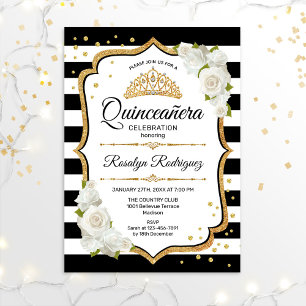 Quinceanera - White Black Guld Inbjudningar