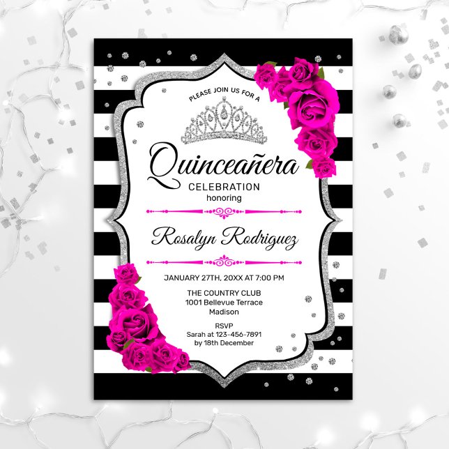 Quinceanera - White Black Rosa Silver Inbjudningar (Skapare uppladdad)