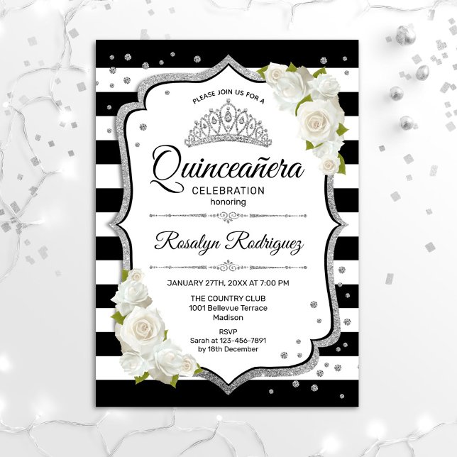 Quinceanera - White Black Silver Inbjudningar (Skapare uppladdad)