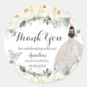 Quinceañera White Blommigt Princess Butterfly Silv Runt Klistermärke