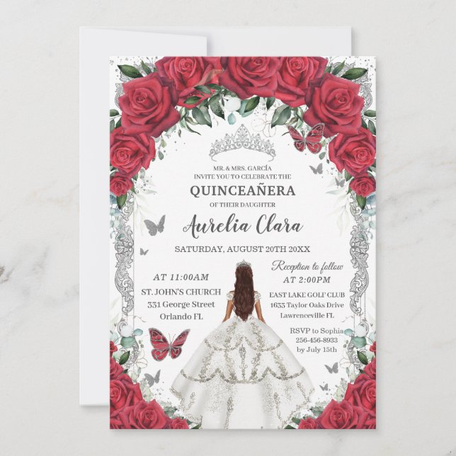 Quinceañera White Dress Röd ros Blommigt Silver Inbjudningar (Framsida)