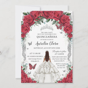 Quinceañera White Dress Röd ros Blommigt Silver Inbjudningar