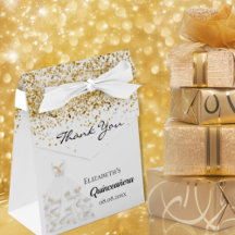 Quinceanera white guld klänning tack