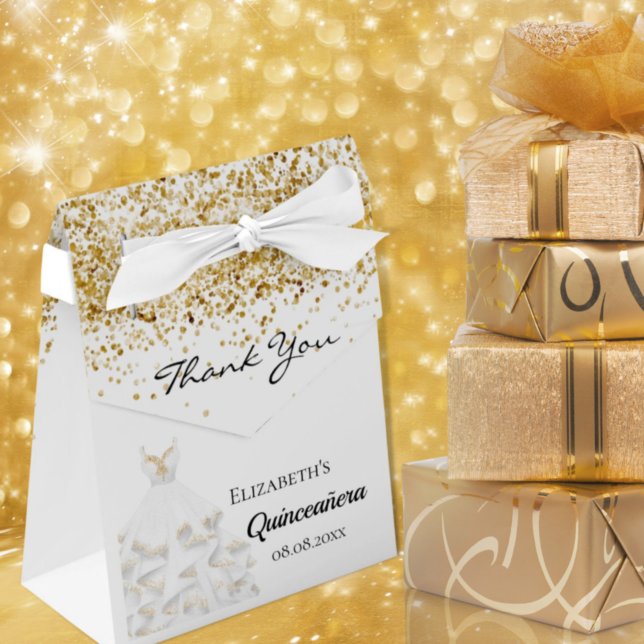 Quinceanera white guld klänning tack presentaskar (Skapare uppladdad)