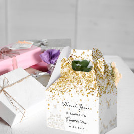 Quinceanera white guld klänning tack presentaskar