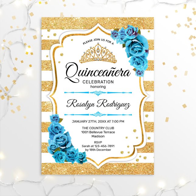 Quinceanera - White Guld Rand Blue Inbjudningar (Skapare uppladdad)