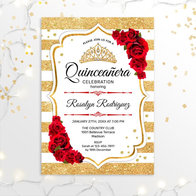 Quinceanera - White Guld Rand Red Inbjudningar (Skapare uppladdad)