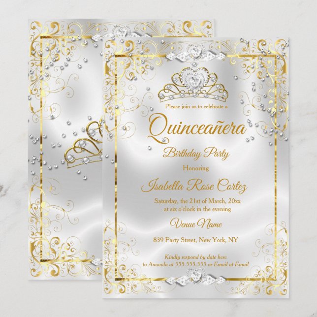 Quinceanera White Guld Tiara Diamond Hearts Inbjudningar (Fram/baksida)