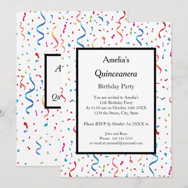 Quinceanera white konetti-födelsedagsfest inbjudningar (Fram/baksida)