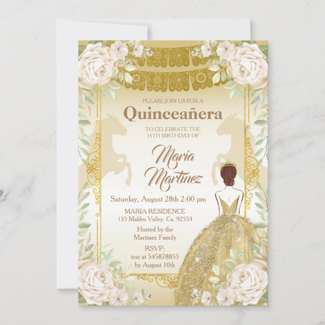 Quinceanera White och Guld Mexikanska födelsedagen Inbjudningar (Framsida)