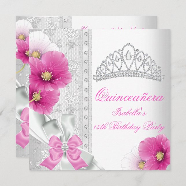 Quinceañera White Rosa Blommigt Diamond Tiara Inbjudningar (Fram/baksida)