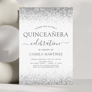 Quinceanera White Silver Modern Glitter Gnistra Inbjudningar