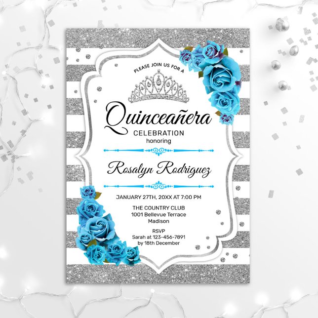 Quinceanera - White Silver Rand Blue Inbjudningar (Skapare uppladdad)