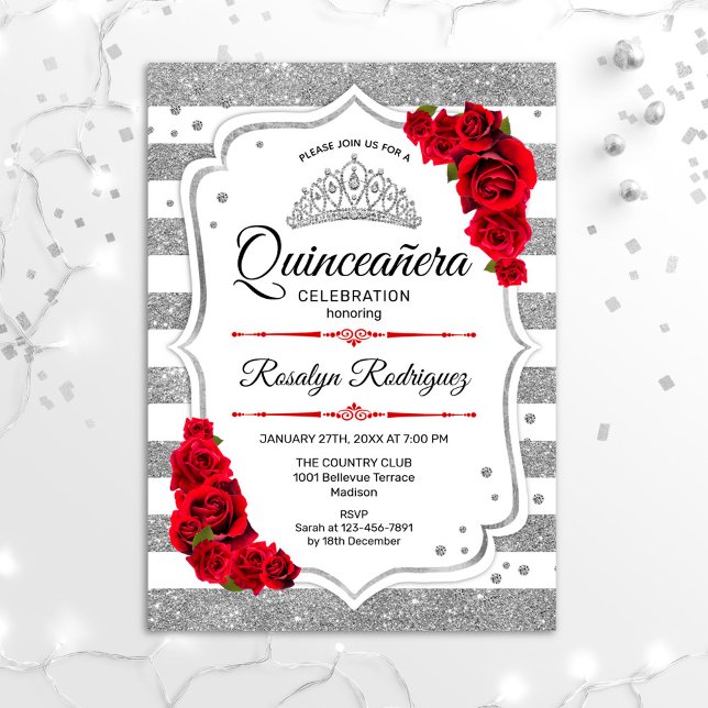 Quinceanera - White Silver Rand Red Inbjudningar (Skapare uppladdad)