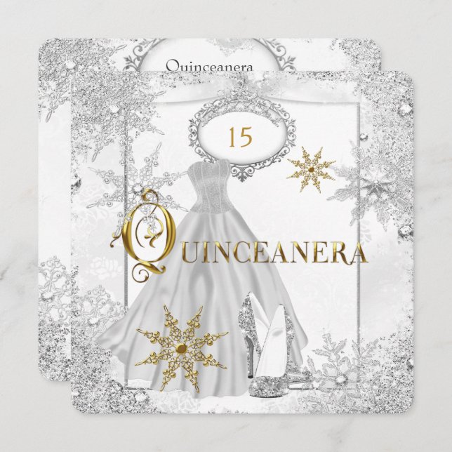 Quinceanera White Silver Snöflingor Tiara Inbjudningar (Fram/baksida)