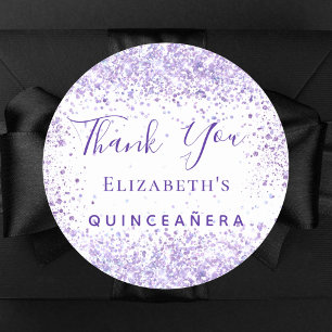 Quinceanera white violet glitter namn tack runt klistermärke