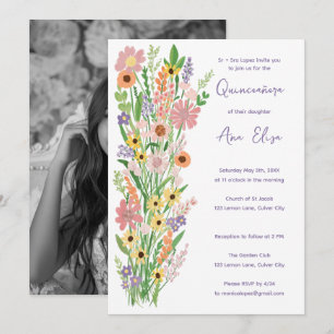 Quinceañera Wildblomhandmålad Anpassningsbar Photo Inbjudningar