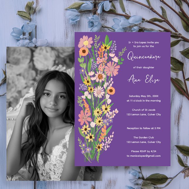 Quinceañera Wildblomhandmålad Anpassningsbar Photo Inbjudningar (Quinceañera Wildflowers Handpainted Custom Photo Invitation
)
