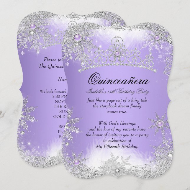 Quinceanera Winter Wonderland Lilac Lila Snö Inbjudningar (Fram/baksida)