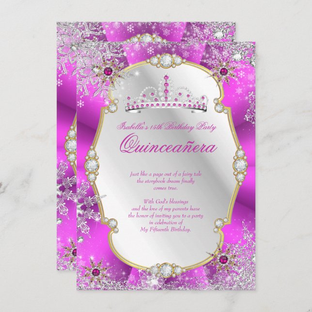Quinceanera Winter Wonderland Shock rosa Guld Silv Inbjudningar (Fram/baksida)