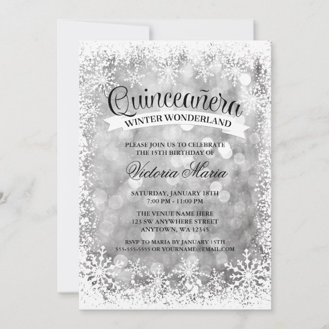 Quinceanera Winter Wonderland Silver Gnistra Inbjudningar (Framsida)
