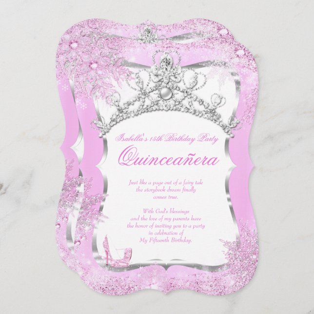 Quinceanera Winter Wonderland Silver Rosa Heels 2 Inbjudningar (Fram/baksida)