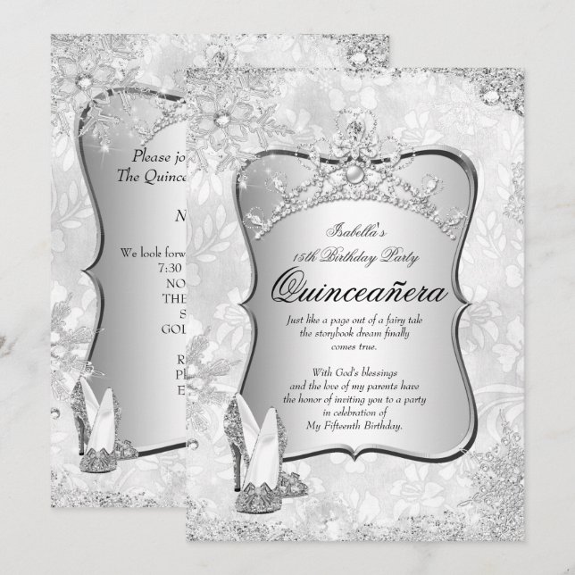 Quinceanera Winter Wonderland Silver Snowflake 2 Inbjudningar (Fram/baksida)