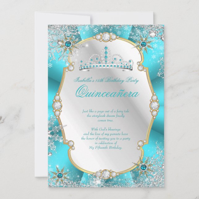 Quinceanera Winter Wonderland Teal Guld Silver Inbjudningar (Framsida)
