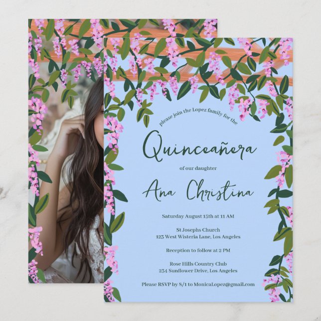 Quinceañera Wisteria Vines Blommigt Anpassningsbar Inbjudningar (Fram/baksida)