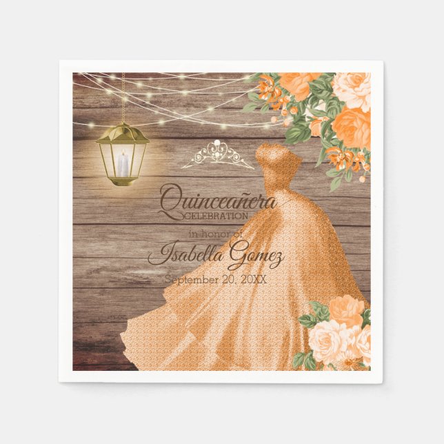 Quinceañera Wood and Orange Flowers Pappersservett (Framsidan)
