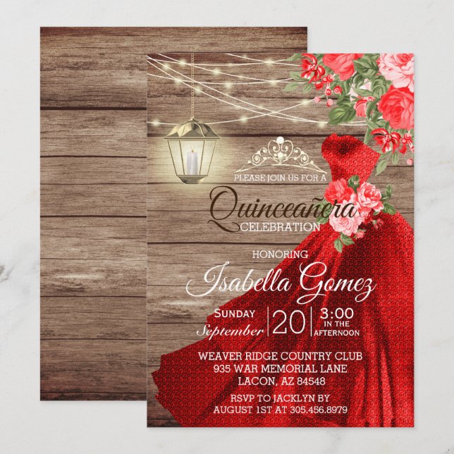 Quinceañera Wood and Red Flowers Inbjudningar (Fram/baksida)