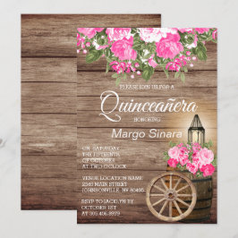 Quinceañera Wood Barrel och Rosa Flowers Inbjudningar