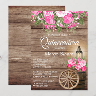 Quinceañera Wood Barrel och Rosa Flowers Inbjudningar