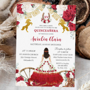 Quinceañera XV 15 Charro Red White Blommigt Horses Inbjudningar
