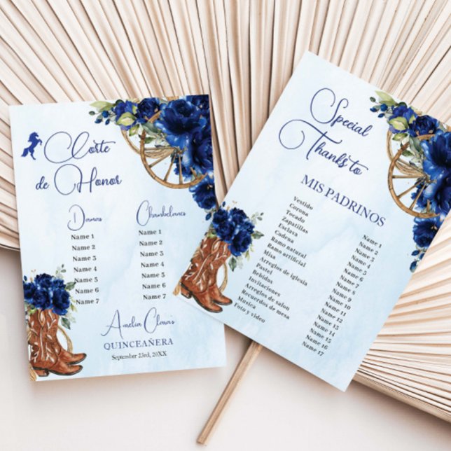 Quinceañera XV 15 Royal Blue Blommigt Charro Padri (charro-western-cowboy-horses-royal-blue-floral-flowers-padrinos-list-corte-de-honor-budget-paper)
