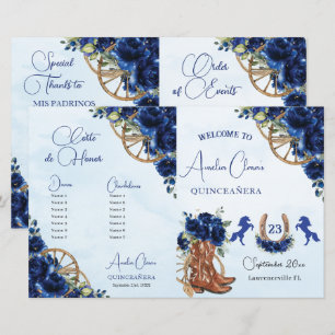 Quinceañera XV 15 Royalblå Blommig Charro Program