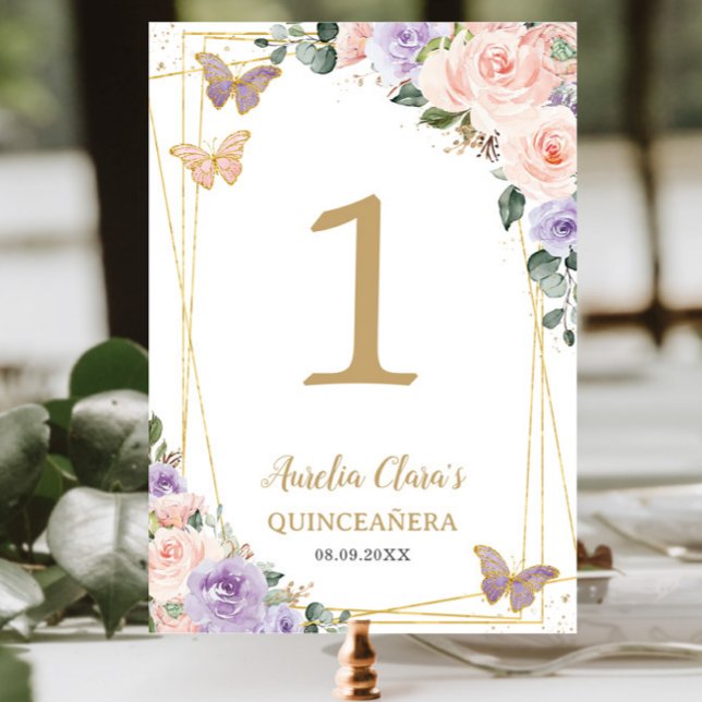 Quinceañera XV Birthday  Lila Lilac Blommigt Bordsnummer (Skapare uppladdad)