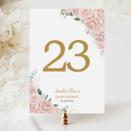 Quinceanera XV Blush Pink Roses Floral Gold Bordsnummer