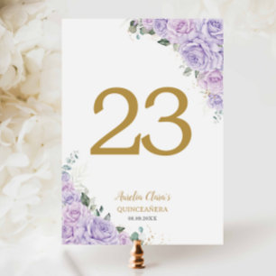 Quinceanera XV Lila Lila Rosor Blommig Guld Bordsnummer