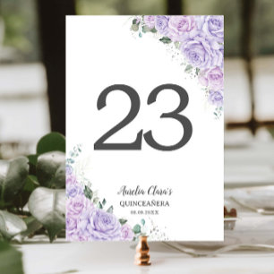 Quinceanera XV Lila Lila Rosor Blommig Silver Bordsnummer