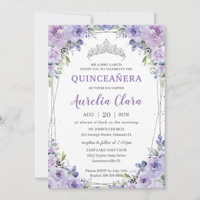 Quinceañera XV Lila Lilac Blommigt Krona Inbjudningar (Framsida)
