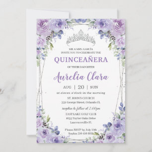 Quinceañera XV Lila Lilac Blommigt Krona Inbjudningar