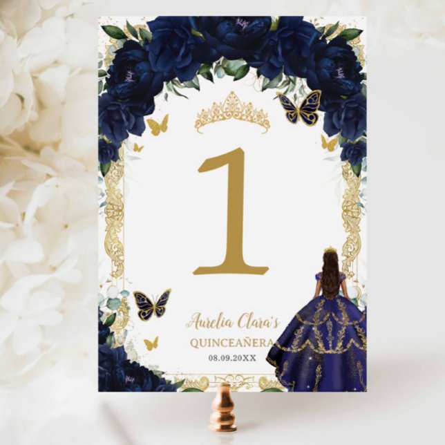 Quinceanera XV Navy Blue Floral Gold Tan Girl Gown Bordsnummer (Skapare uppladdad)