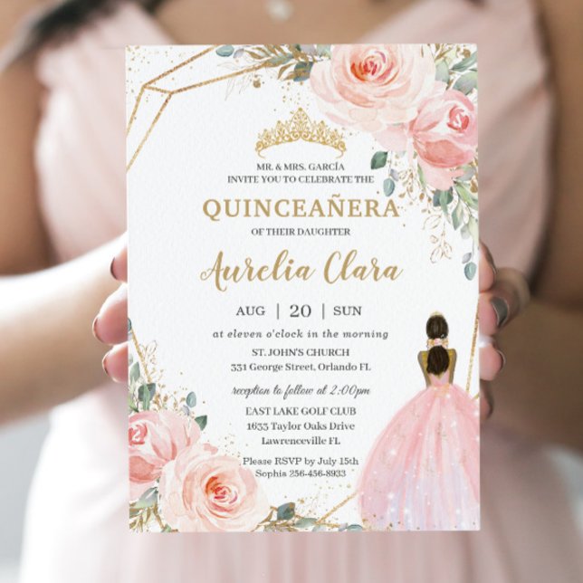 Quinceañera XV  Rosa Blommigt Brown Princess Inbjudningar (Skapare uppladdad)